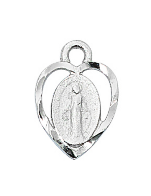 Rhodium Finish Heart Miraculous Medal w/ 18" Fine Rhodium Chain our lady of miraculous medal power of the miraculous medal miraculous medal protection 