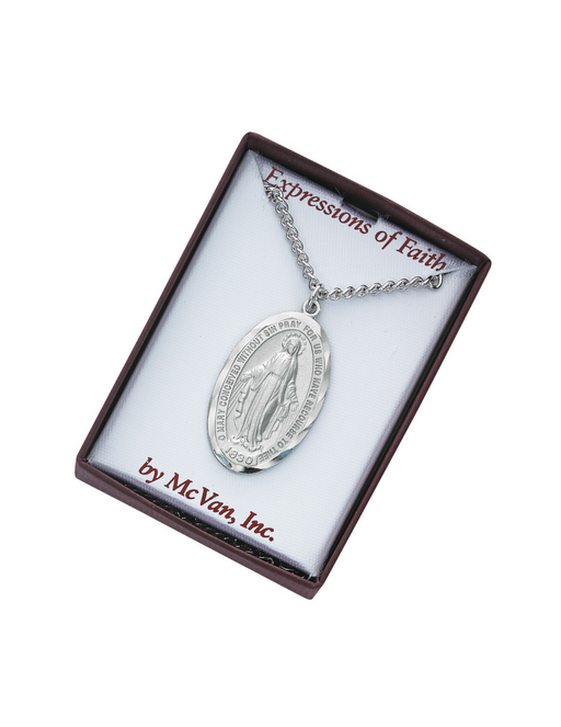 Rhodium Finish Oval Miraculous Medal w/ 24" Rhodium Chain our lady of miraculous medal power of the miraculous medal miraculous medal protection 