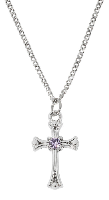 Rhodium Plated Light Amethyst Cross on Adjustable Chain