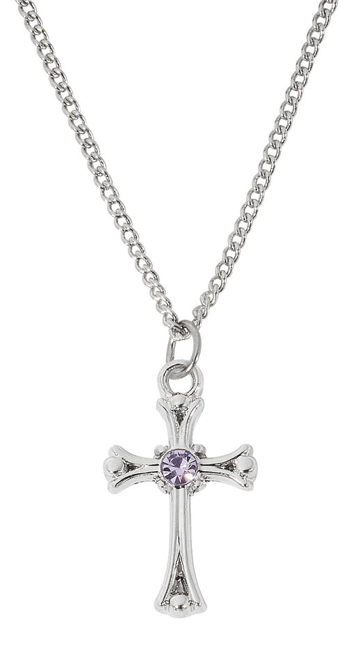 Rhodium Plated Light Amethyst Cross on Adjustable Chain