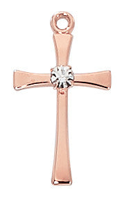 Rose Gold Plated Pewter Cross with Stone in 18" Chain