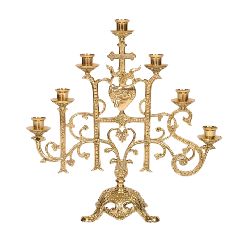 Sacred Heart Seven-Light Candelabra Polished Brass and Lacquered 7 Light Sacred Heart Candelabra