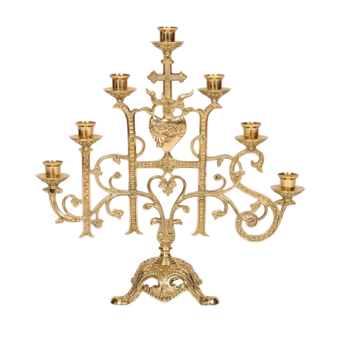 Sacred Heart Seven-Light Candelabra Polished Brass and Lacquered 7 Light Sacred Heart Candelabra