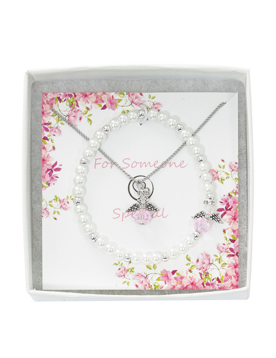 Silver Angel Communion Necklace and Pearl Angel Bracelet Set