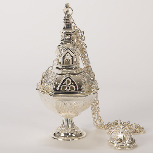 Silver Plated Censer with Removable Charcoal Cup Silver plated traditional church censer with removable charcoal burn cup.
