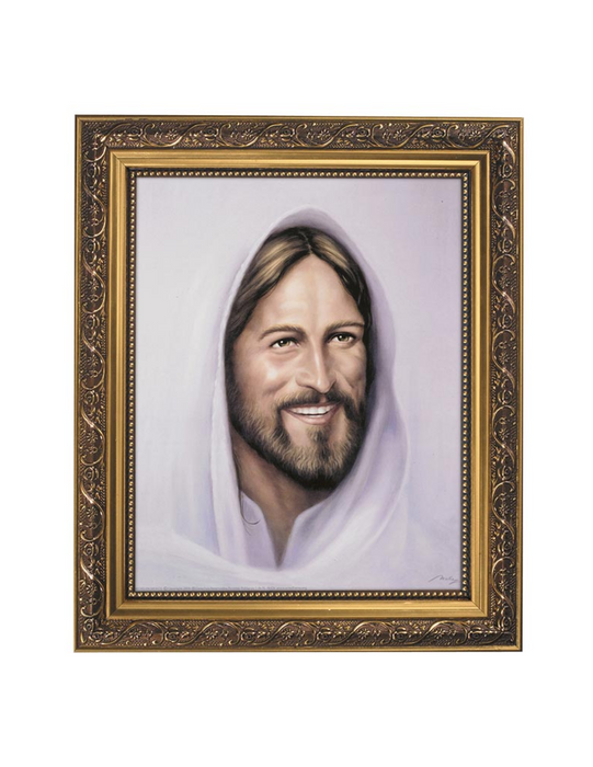 Smiling Jesus Framed Print in Ornate Gold Finish Frame