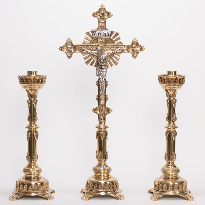 Traditional Smooth Brass Stem Crucifix and Candlesticks Altar Set
