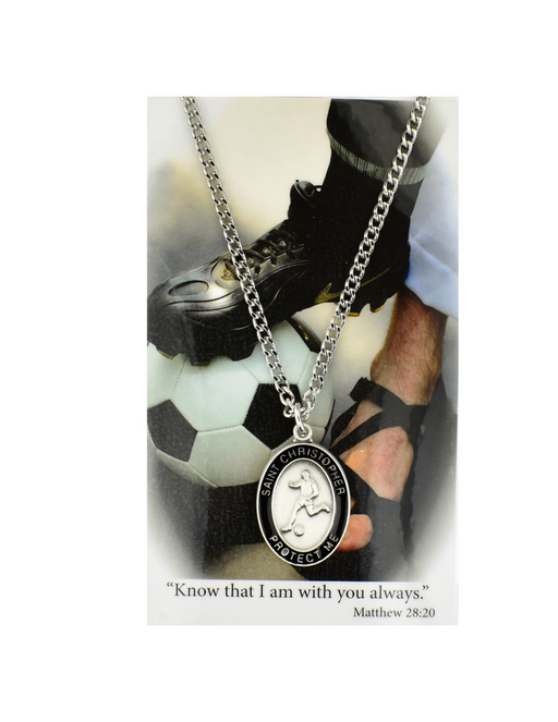 St. Christopher Boys Soccer Necklace made from pewter and an 24" silver tone chain with a laminated prayer card perfect gift to boys who loves sports to your brother family and friends for birthdays or any occasion