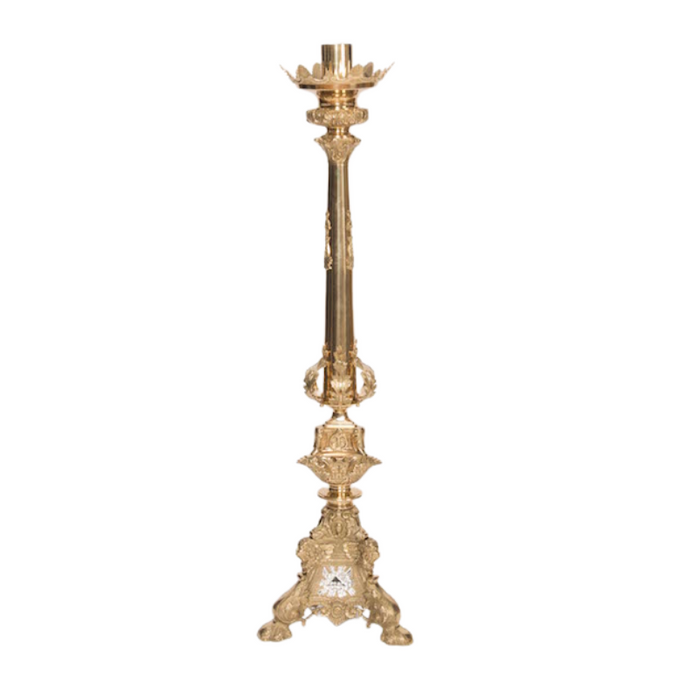 Candelabro de altar tradicional de latón macizo de 48" con paneles decorativos plateados