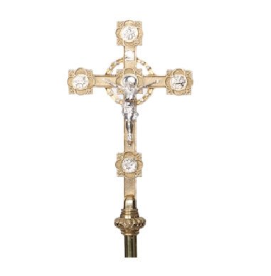 Solid Brass Processional Cross Solid brass Processional cross with Silver plated accents and highlights. Processional cross on smooth brass pole.