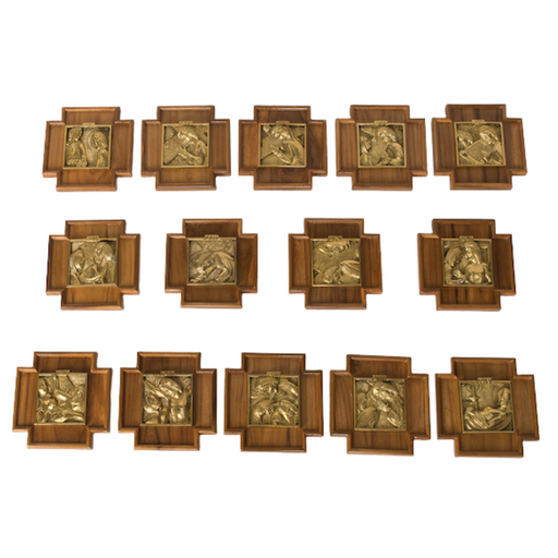 Solid Brass Stations of The Cross on Wood Backplates - Set of 14 Complete set of 14 Stations of the Cross: Solid Brass Station Panels Mounted on Hand Carved Wood Backplates