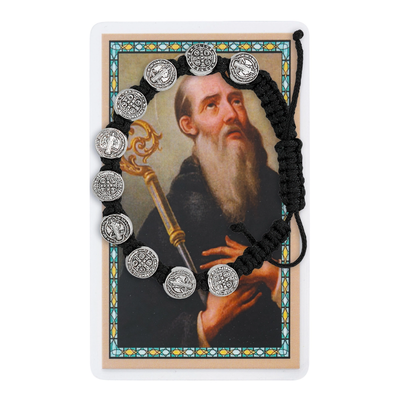 St. Benedict Medal Black Corded Bracelet w/ Laminated Holy Card 