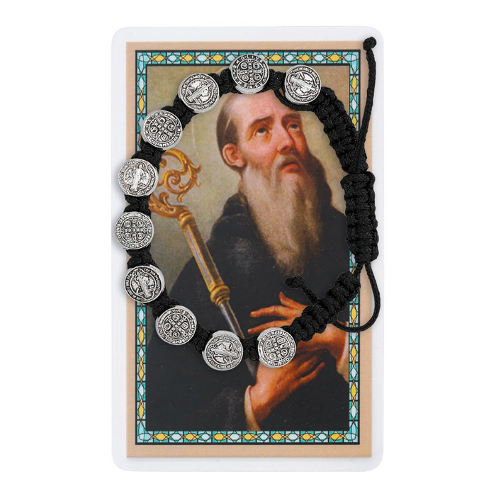 St. Benedict Medal Black Corded Bracelet w/ Laminated Holy Card 