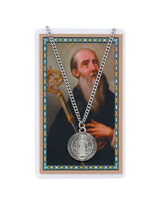 St. Benedict Pewter Medal with 24" Silver Tone Chain and Prayer Card Set Prayer Cards Prayer Card Set Holy Medals Holy Medal Necklace Medals for Protection Necklace for Protection