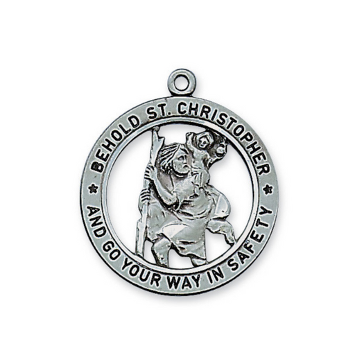St. Christopher Antique Silver Round Medal w/ 24" Rhodium Plated Chain