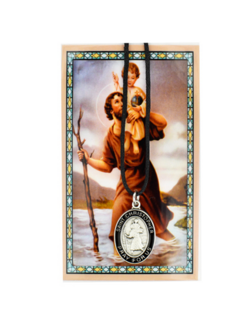 St. Christopher - Medal with adjustable chord and Laminated Holy Card Set