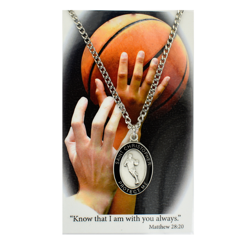 St. Christopher Medal w/ 24" Silver Tone Chain and Basketball Prayer Card Set St. Christopher Symbols, St. Christopher Medal, Medals for Protection, Catholic Gifts, Protection Medals for Athletes