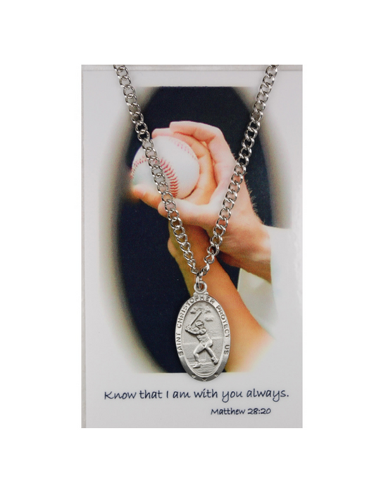 St. Christopher Pewter Medal with 24" Silver Tone Chain and Baseball Prayer Card Set Holy Medals Holy Medal Necklace Medals for Protection Necklace for Protection