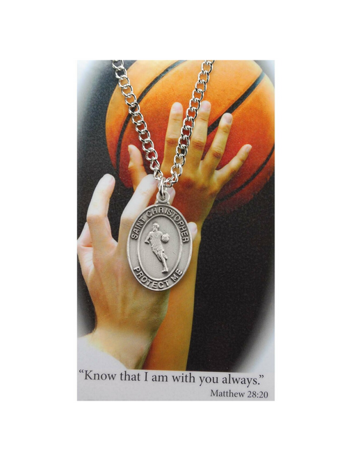 St. Christopher Pewter Medal with 24" Silver Tone Chain and Basketball Prayer Card Set Prayer Cards Prayer Card Set Holy Medals Holy Medal Necklace Medals for Protection Necklace for Protection