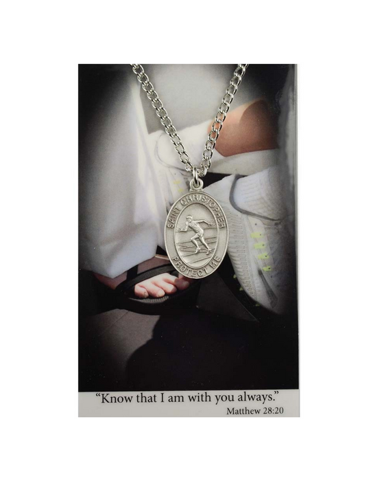  St. Christopher Pewter Medal with 24" Silver Tone Chain and Track Prayer Card Set Prayer Cards Prayer Card Set