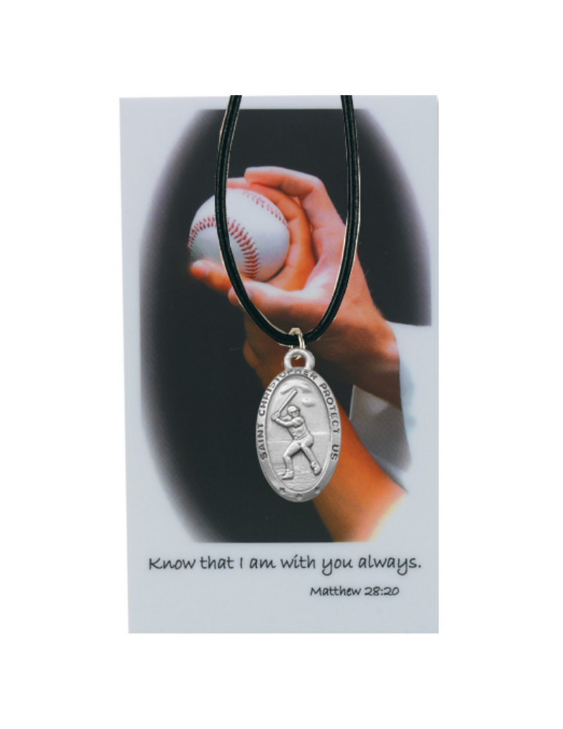 St. Christopher Pewter Medal with Black Cord and Baseball Prayer Card Set Prayer Cards Prayer Card Set