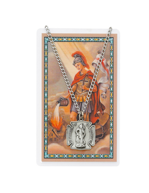 St. Florian Pewter Medal with 24" Silver Tone Chain and Prayer Card Set Holy Medals Holy Medal Necklace Medals for Protection Necklace for Protection