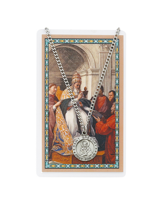 Medalla de peltre de San Gregorio con cadena plateada de 24" y juego de tarjetas de oración