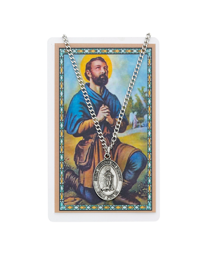 St. Isidore Pewter Medal with 24" Silver Tone Chain and Prayer Card Set Holy Medals Holy Medal Necklace Medals for Protection Necklace for Protection