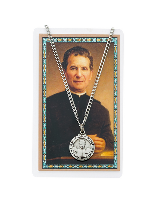 St. John Bosco Pewter Medal with 24" Silver Tone Chain and Prayer Card Set Prayer Cards Prayer Card Set Holy Medals Holy Medal Necklace Medals for Protection Necklace for Protection