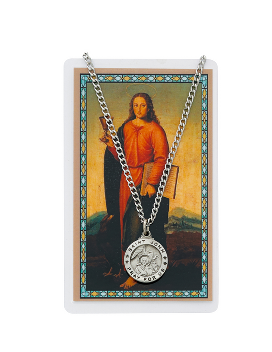 Medalla de peltre de San Juan con cadena plateada de 24" y juego de tarjetas de oración