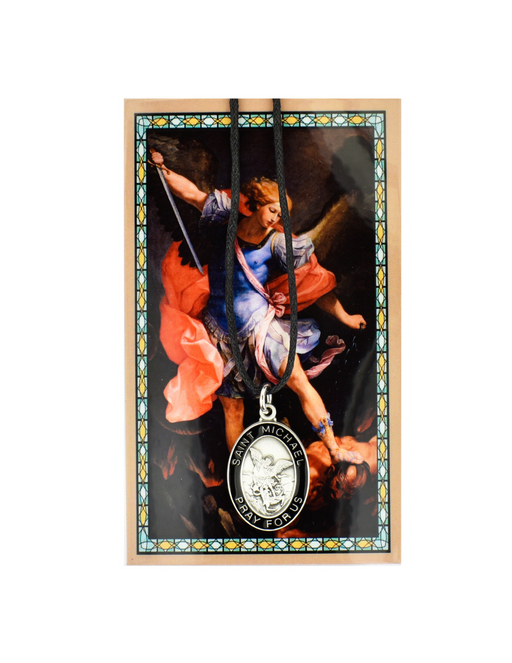 St. Michael - Medal with Adjustable Black Chord and Laminated Holy Card Set