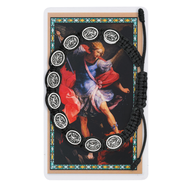 St. Michael Medal Black Corded Bracelet w/ Laminated Holy Card Catholic Gifts Catholic Presents Gifts for all occasion