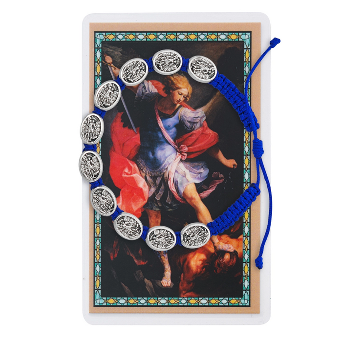 Pulsera con cordón azul con medalla de San Miguel y tarjeta sagrada laminada