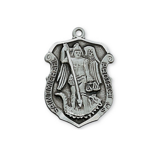 St. Michael Police Badge Antique Silver Medal with 24" Rhodium Plated Chain