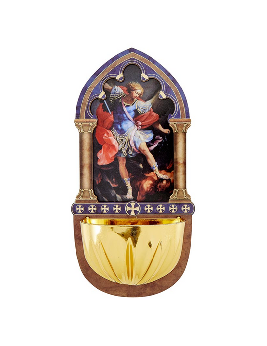 St. Michael Lasered Wood Holy Water Font St. Michael Lasered Wood Holy Water Font - 4 Pieces Per Package Lasered Wood Holy Water Font - Saint Michael