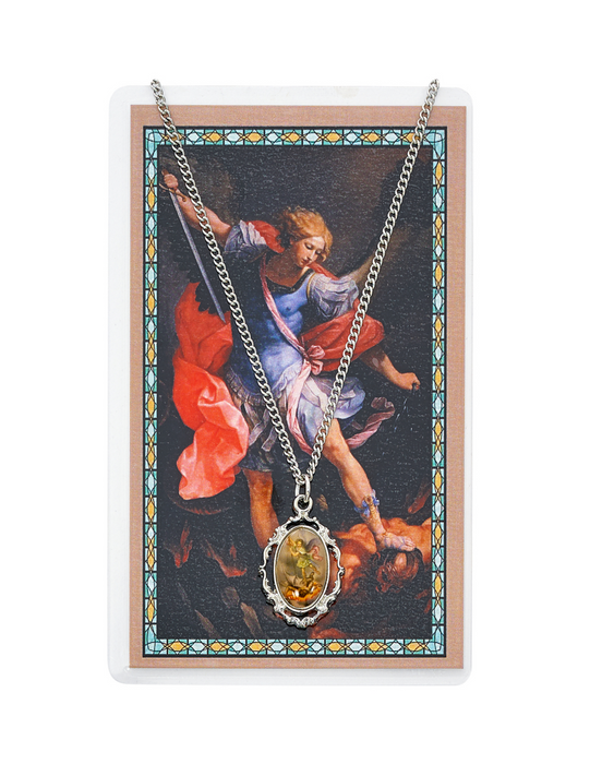 St. Michael Medal with 18" Chain and Laminated Holy Card Set