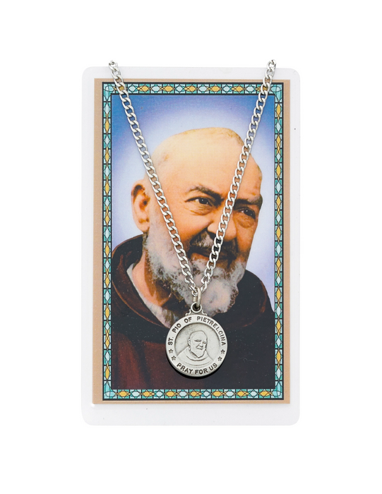 St. Pio Pewter Medal with 24" Silver Tone Chain and Prayer Card Set