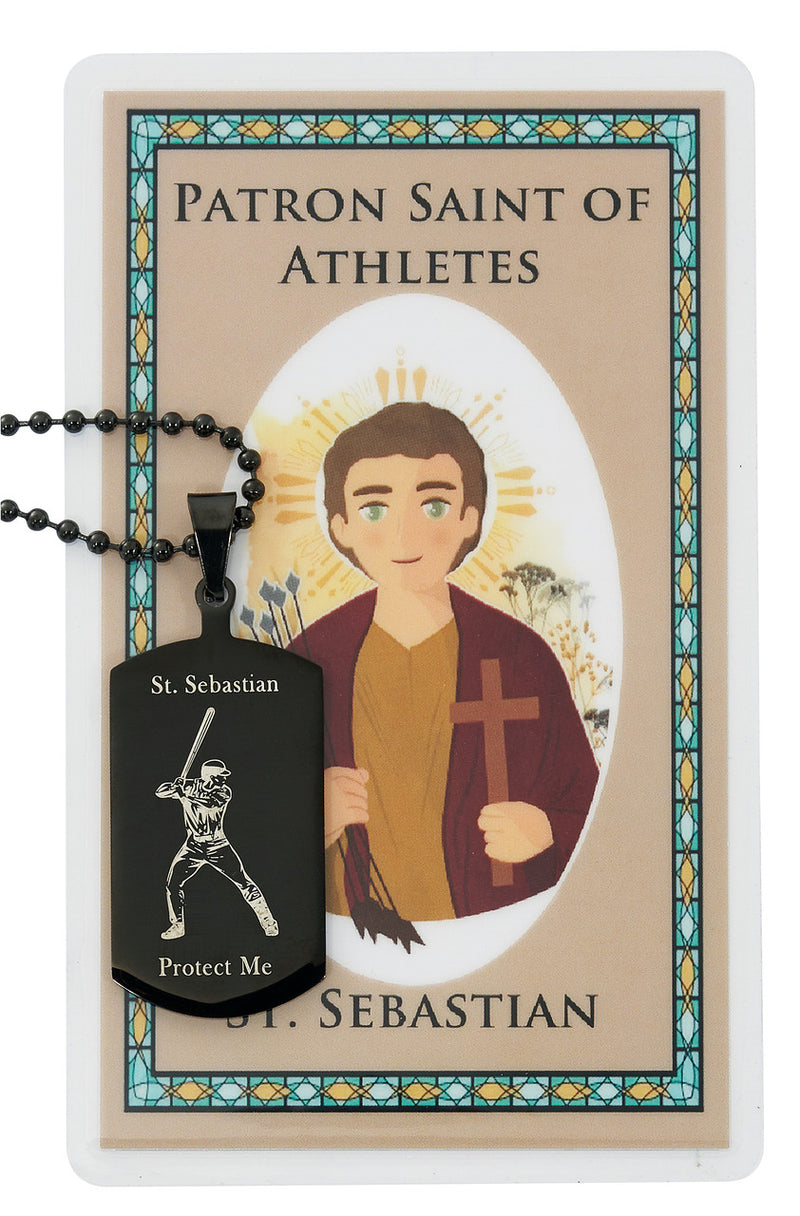 St. Sebastian Baseball Dog Tag with 22" Adjustable Chain and Laminated Holy Card Set