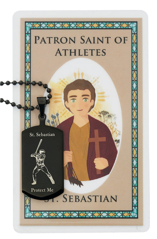 St. Sebastian Baseball Dog Tag with 22" Adjustable Chain and Laminated Holy Card Set