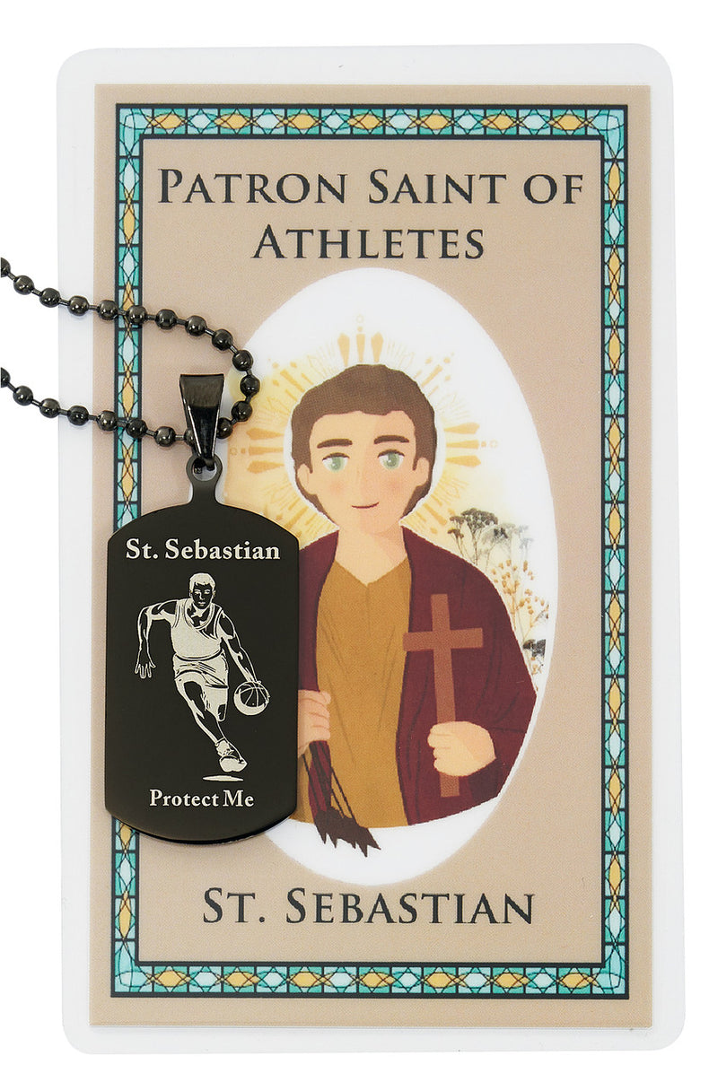 St. Sebastian Basketball Dog Tag with 22" Adjustable Chain and Laminated Holy Card Set