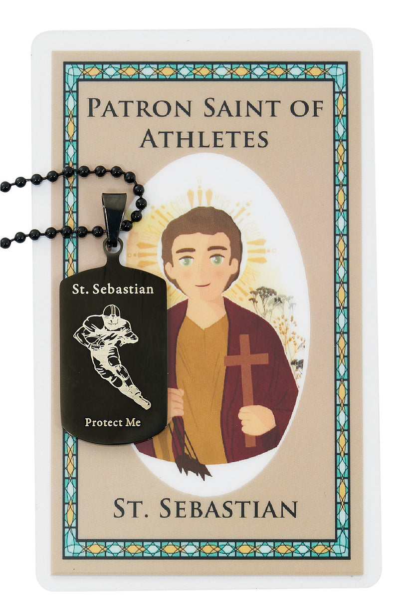 St. Sebastian Football Dog Tag with 22" Adjustable Chain and Laminated Holy Card Set