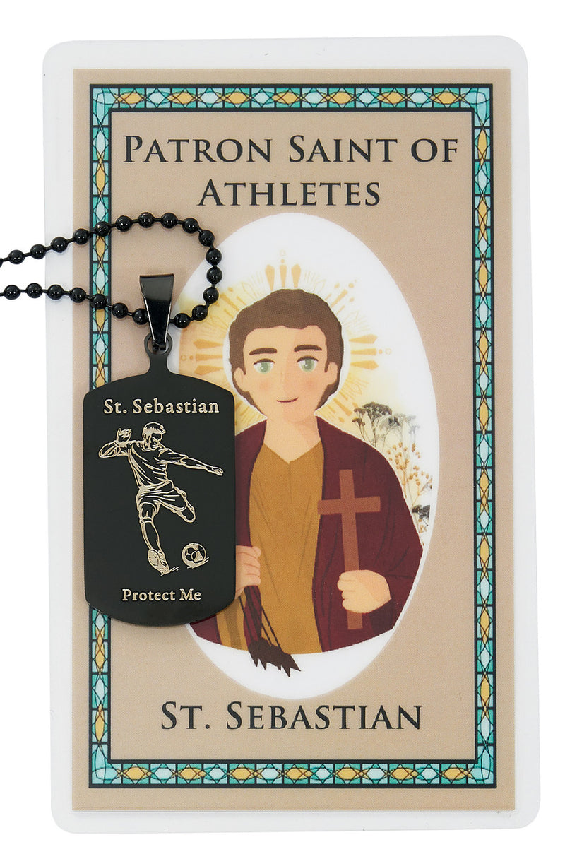 St. Sebastian Soccer Dog Tag with 22" Adjustable Chain and Laminated Holy Card Set