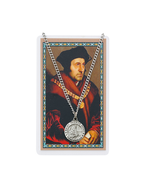 St. Thomas More Pewter Medal with 24" Silver Tone Chain and Prayer Card Set Prayer Cards Prayer Card Set Holy Medals Holy Medal Necklace Medals for Protection Necklace for Protection
