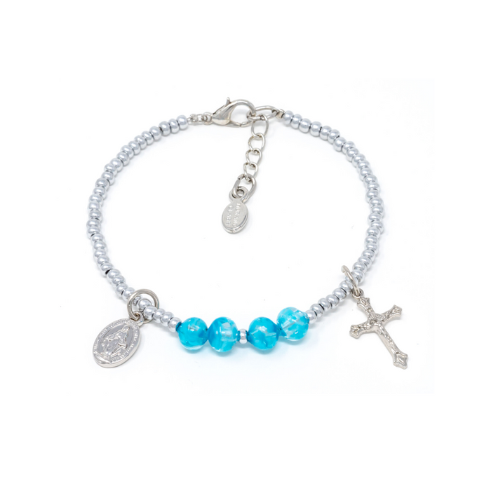 Steel and Genuine Blue Murano Bracelet with Miraculous Medal, Crucifix and Sommerso Beads
