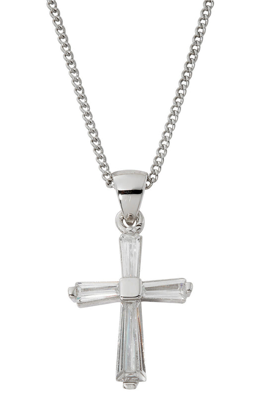 Sterling Silver Baguette Cross on Adjustable Palladium Plated Chain