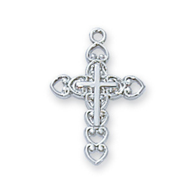 Sterling Silver Chain Hearts with Cross center in 16" Rhodium Plated Chain