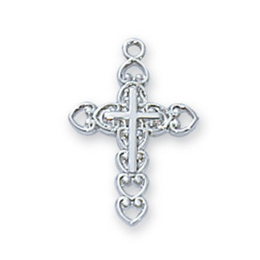 Sterling Silver Chain Hearts with Cross center in 16" Rhodium Plated Chain