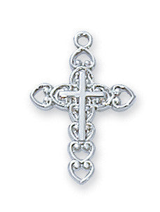 Sterling Silver Chain Hearts with Cross center in 16" Rhodium Plated Chain