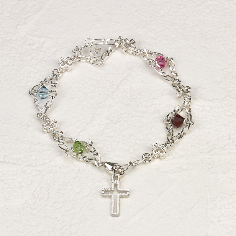 Sterling Silver Cross Rosary Bracelet with 6mm Multi Color Swarovski Austrian Crystal
