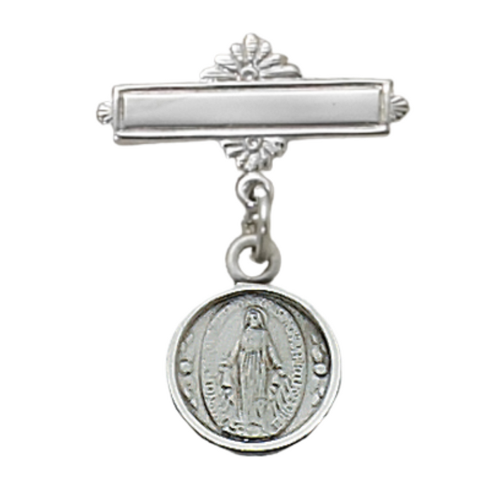 Sterling Silver Miraculous Medal Baby Pin in Burgundy Box